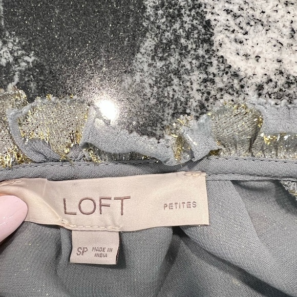 LOFT blue gray chiffon short sleeve blouse with gold stars - Picture 10 of 14